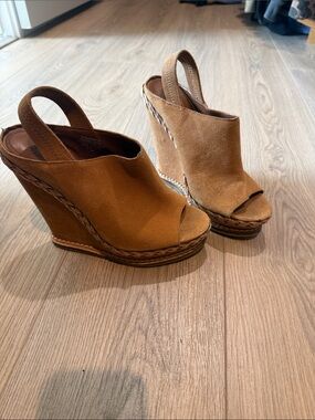 Boutique 9 Tan Suede Peep-Toe Slingback Wedges